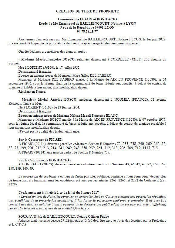 Avis de création de titre de propriété - Communes de Figari et Bonifacio (Corse du Sud)