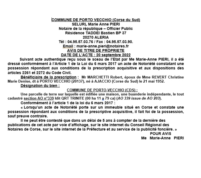 Avis de création de titre de propriété - Communes de Porto-Vecchio (Corse du Sud) Avis de création de titre de propriété - Communes de Porto-Vecchio (Corse du Sud)