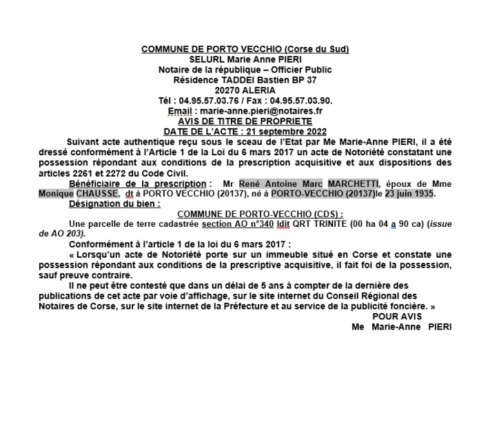 Avis de création de titre de propriété - Communes de Porto-Vecchio (Corse du Sud)