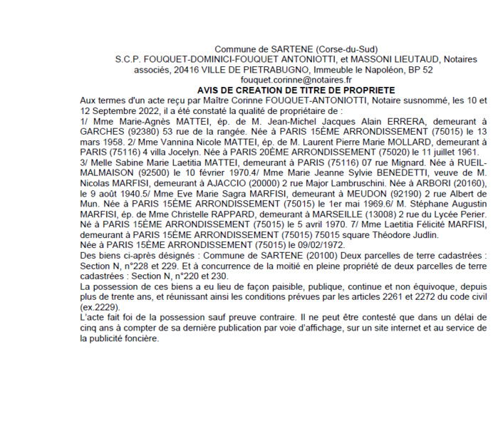 Avis de création de titre de propriété - Communes de Sartène (Corse du Sud)