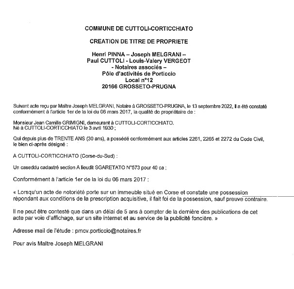 Avis de création de titre de propriété - Communes de Cuttoli-Corticchiato (Corse du Sud)