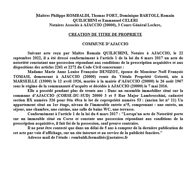 Avis de création de titre de propriété - Communes d'Ajaccio (Corse-du-sud)