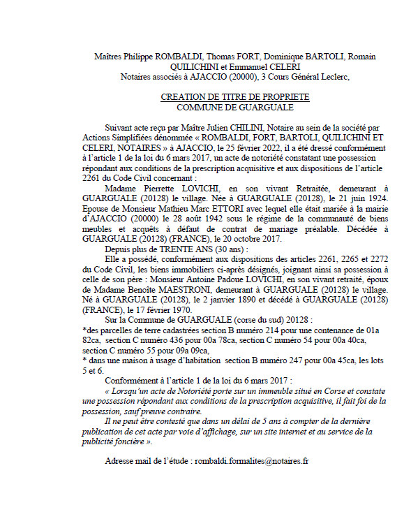 Avis de création de titre de propriété - Communes de Guarguale (Corse-du-sud) Avis de création de titre de propriété - Communes de Guarguale (Corse-du-sud)