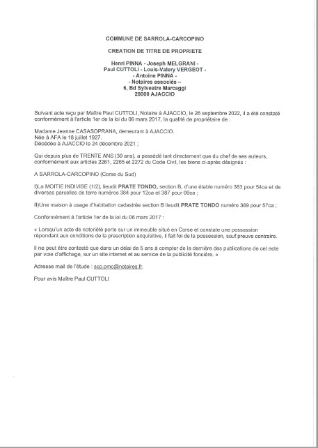 Avis de création de titre de propriété - Commune de Sarrola-Carcopino (Corse-du-sud) Avis de création de titre de propriété - Commune de Sarrola-Carcopino (Corse-du-sud)