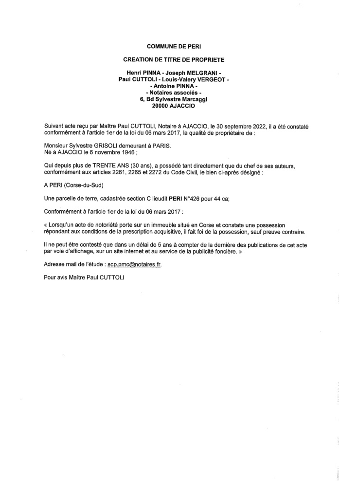 Avis de création de titre de propriété - Commune de Peri (Corse-du-Sud)