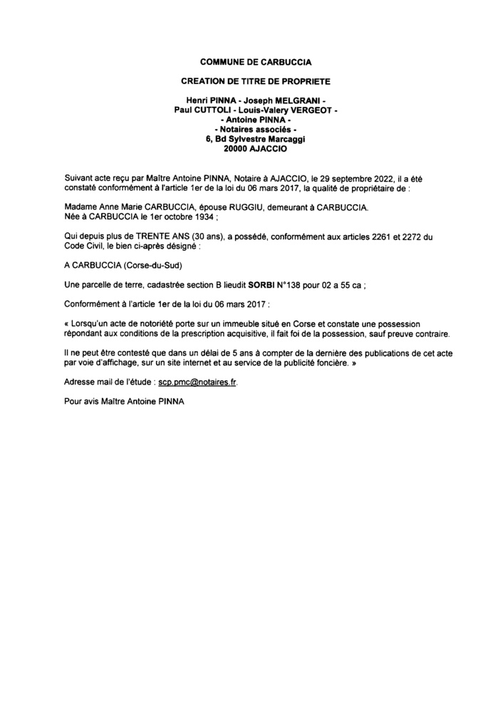 Avis de création de titre de propriété - Commune de Carbuccia (Corse-du-Sud)