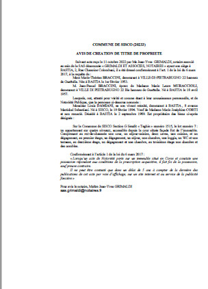 Avis de création de titre de propriété - Commune de Sisco (Haute-Corse) Avis de création de titre de propriété - Commune de Sisco (Haute-Corse)