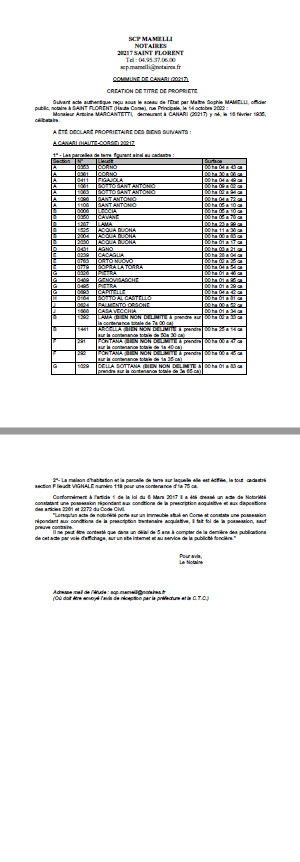 Avis de création de titre de propriété - Commune de Canari (Haute-Corse)