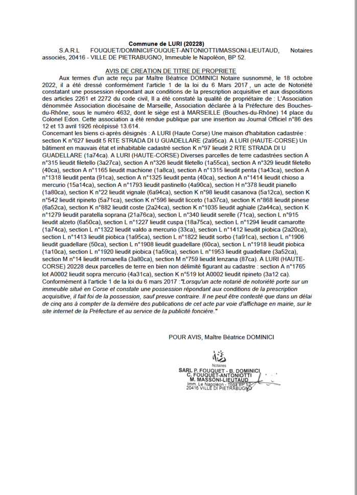 Avis de création de titre de propriété - Commune de Luri (Haute-Corse) Avis de création de titre de propriété - Commune de Luri (Haute-Corse)