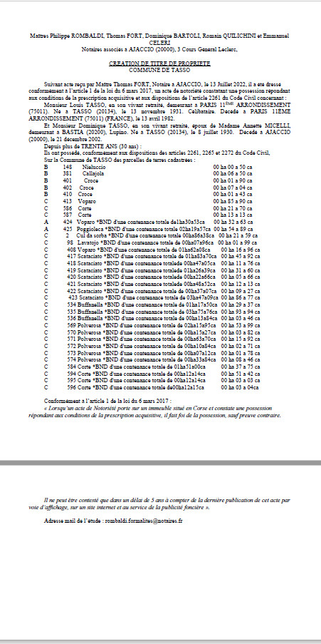 Avis de création de titre de propriété - Commune de Tasso (Corse-du-Sud)