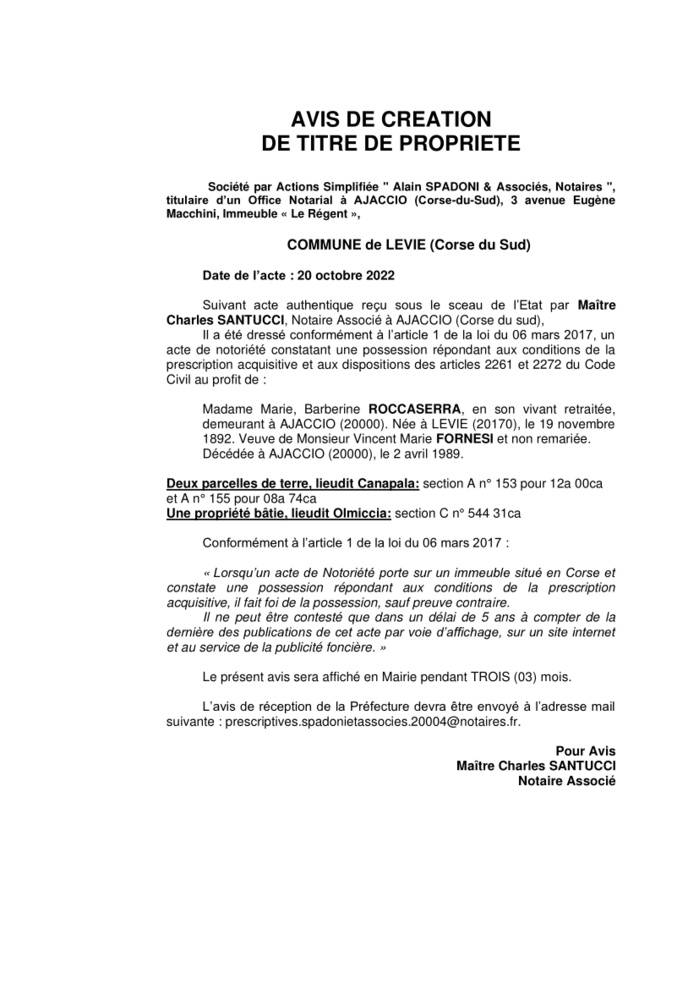 Avis de création de titre de propriété - Commune de Levie (Corse-du-Sud)