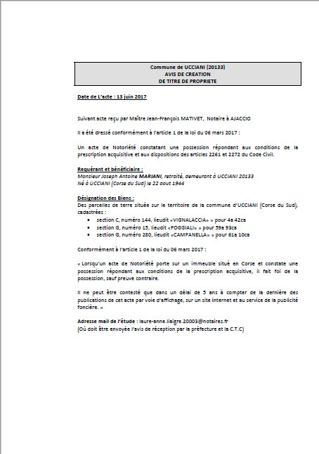  Avis de création de titre de propriété - Commune d'Ucciani (Corse-du-Sud)