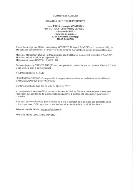 Avis de création de titre de propriété - Commune d'Ajaccio (Corse-du-Sud)  Avis de création de titre de propriété - Commune d'Ajaccio (Corse-du-Sud)