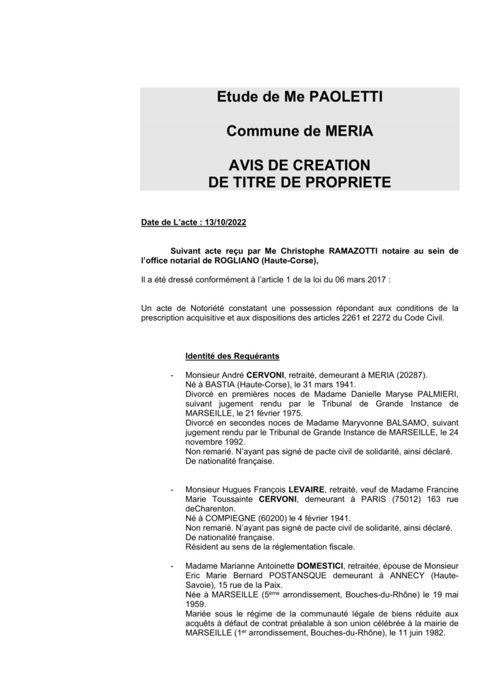Avis de création de titre de propriété - Commune de Meria (Haute-Corse)