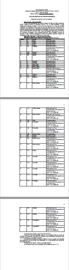 Avis de création de titre de propriété - Commune de Felce (Haute-Corse)