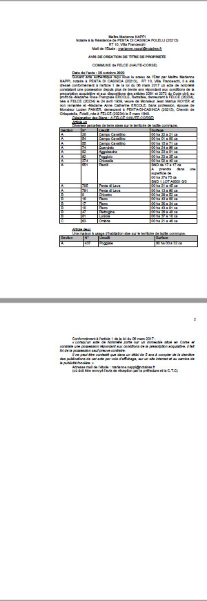 Avis de création de titre de propriété - Commune de Felce (Haute-Corse)