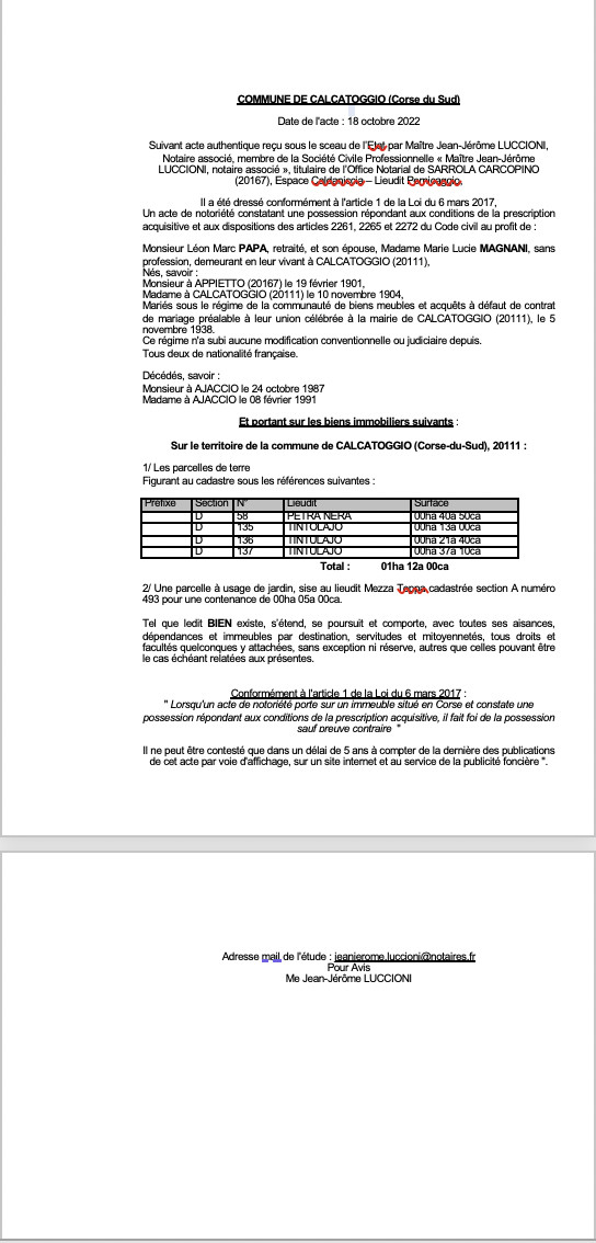 Avis de création de titre de propriété - Commune de Calcatoggio (Corse-du-Sud)