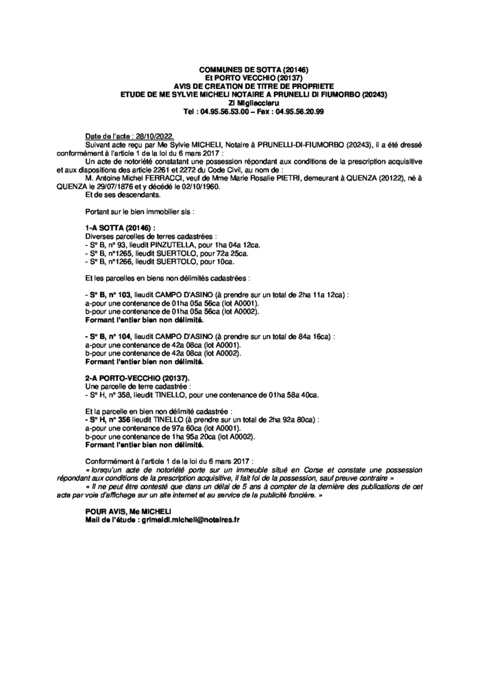  Avis de création de titre de propriété - Communes de Sotta et de Porto-Vecchio (Corse-du-Sud)
