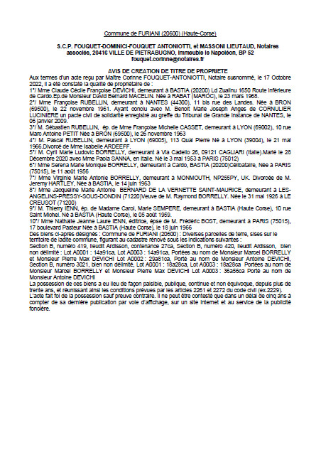 Avis de création de titre de propriété - Commune de Furiani (Haute-Corse) Avis de création de titre de propriété - Commune de Furiani (Haute-Corse)
