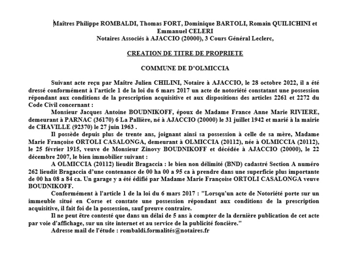 Avis de création de titre de propriété - Commune d'Olmiccia (Corse-du-Sud)