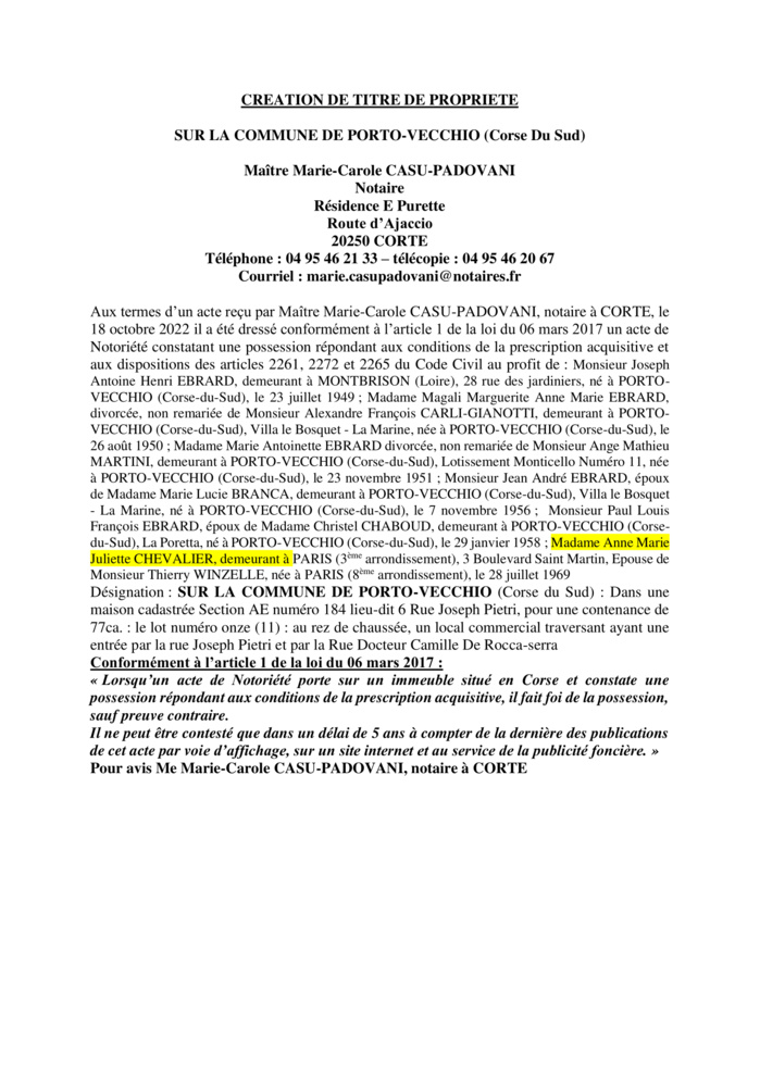 Avis de création de titre de propriété - Commune de Porto-Vecchio (Corse-du-Sud)