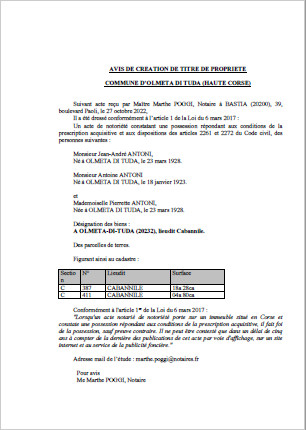 Avis de création de titre de propriété - Commune d'Olmeta di Tuda (Haute-Corse)  Avis de création de titre de propriété - Commune d'Olmeta di Tuda (Haute-Corse)