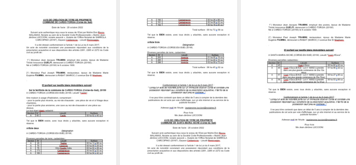 Avis de création de titre de propriété - Commune de Cardo-Torgia (Corse-du-Sud) Avis de création de titre de propriété - Commune de Cardo-Torgia (Corse-du-Sud)