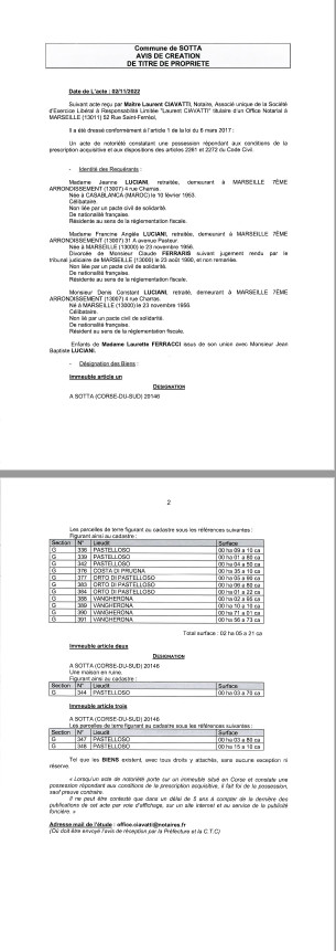 Avis de création de titre de propriété - Commune de Sotta (Corse-du-Sud)