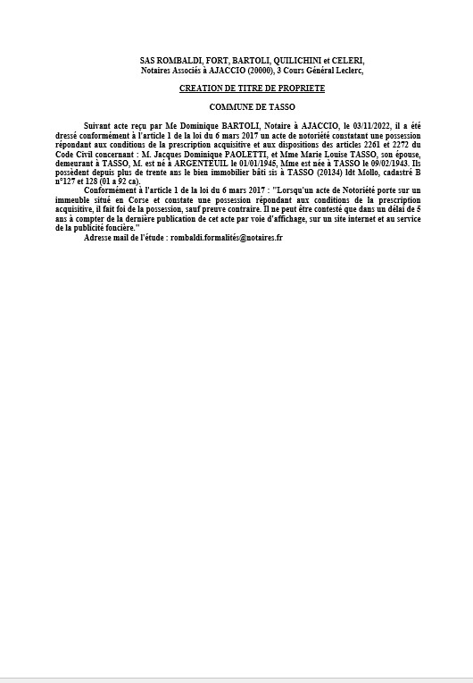 Avis de création de titre de propriété - Commune de Tasso (Corse-du-Sud) Avis de création de titre de propriété - Commune de Tasso (Corse-du-Sud)