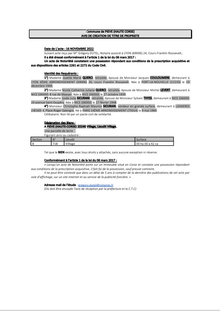  Avis de création de titre de propriété - Commune de Pieve (Haute-Corse)