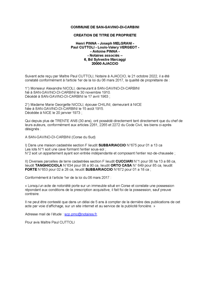  Avis de création de titre de propriété - Commune de San-di-Gavino-di-Carbini (Corse-du-Sud)