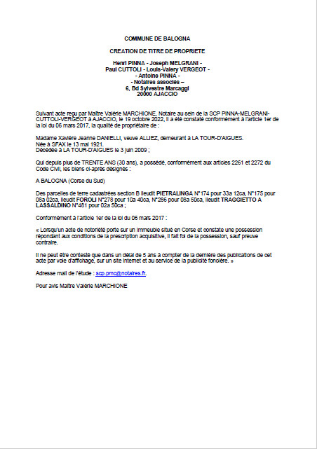 Avis de création de titre de propriété - Commune de Balogna (Corse-du-Sud) Avis de création de titre de propriété - Commune de Balogna (Corse-du-Sud)