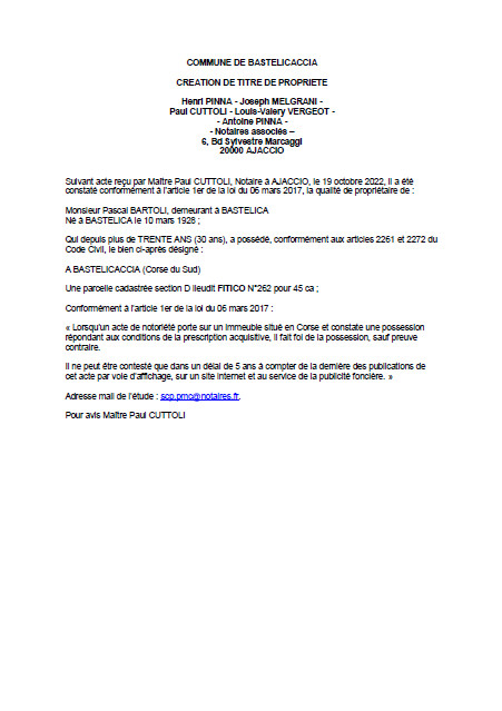 Avis de création de titre de propriété - Commune de Bastelicaccia (Corse-du-Sud) Avis de création de titre de propriété - Commune de Bastelicaccia (Corse-du-Sud)