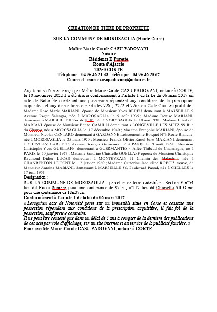  Avis de création de titre de propriété - Commune de Morosaglia (Haute-Corse)