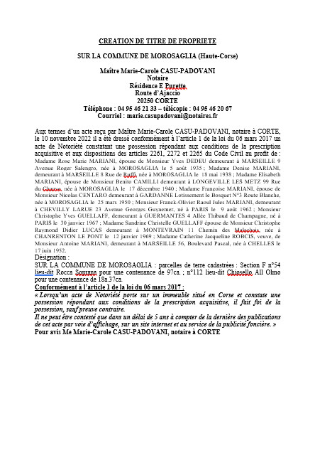 Avis de création de titre de propriété - Commune de Morosaglia (Haute-Corse) Avis de création de titre de propriété - Commune de Morosaglia (Haute-Corse)