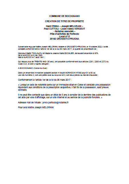 Avis de création de titre de propriété - Commune de Bocognano (Corse-du-Sud) Avis de création de titre de propriété - Commune de Bocognano (Corse-du-Sud)