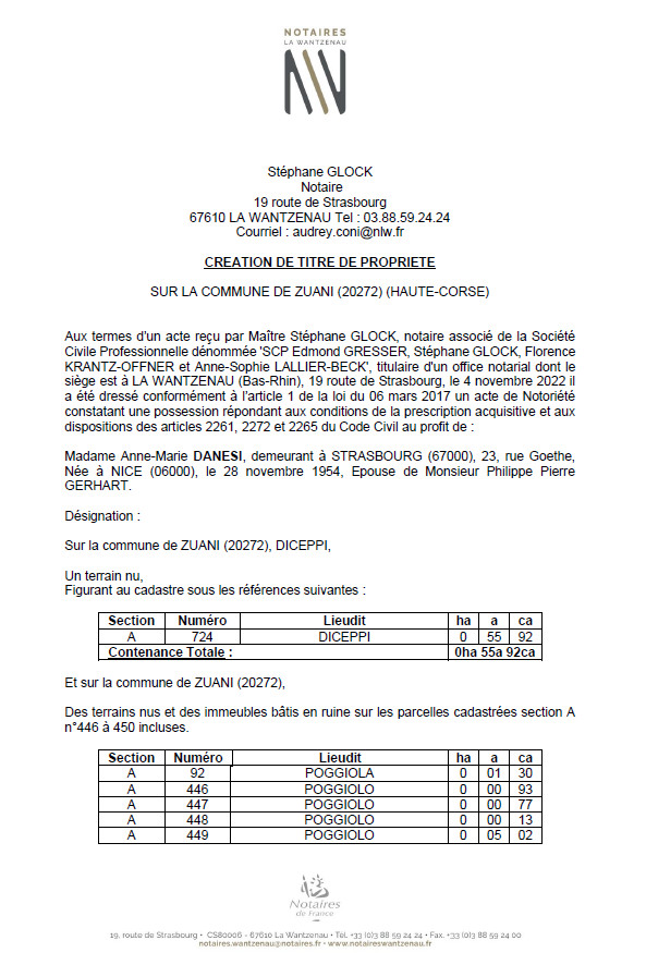 Avis de création de titre de propriété - Commune de Zuani (Haute-Corse)