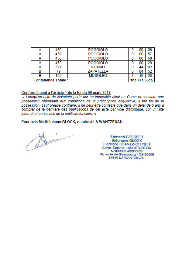 Avis de création de titre de propriété - Commune de Zuani (Haute-Corse)