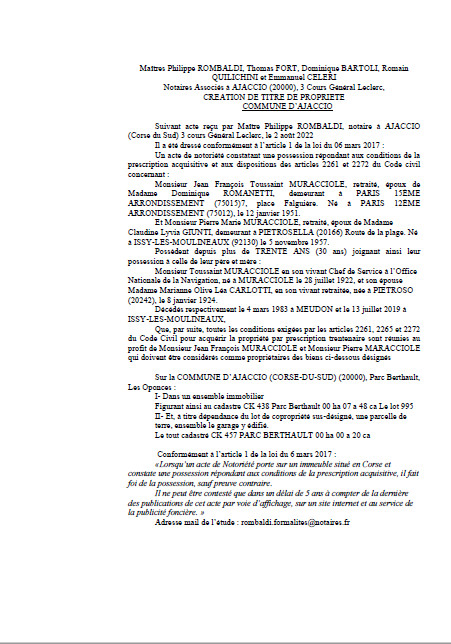 Avis de création de titre de propriété - Commune d'Ajaccio (Corse-du-Sud)