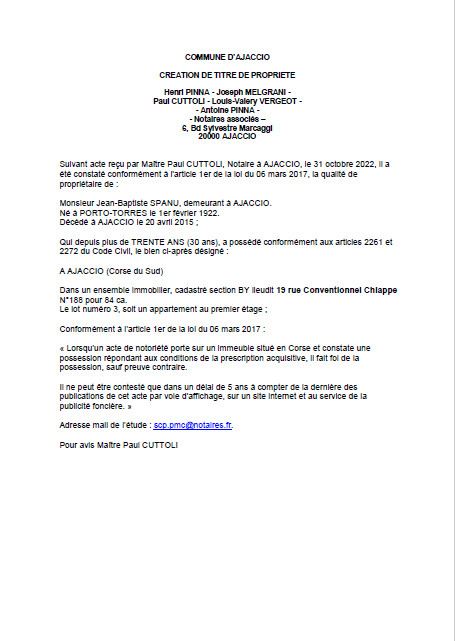 Avis de création de titre de propriété - Commune d'Ajaccio (Corse-du-Sud) Avis de création de titre de propriété - Commune d'Ajaccio (Corse-du-Sud)