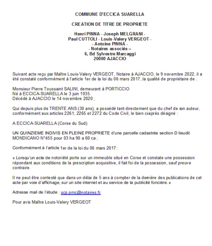 Avis de création de titre de propriété - Commune d'Eccica-Suarella  (Corse-du-Sud)