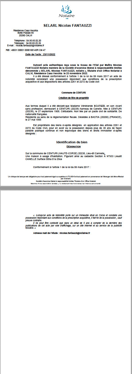 Avis de création de titre de propriété - Commune de Centuri (Haute-Corse) Avis de création de titre de propriété - Commune de Centuri (Haute-Corse)