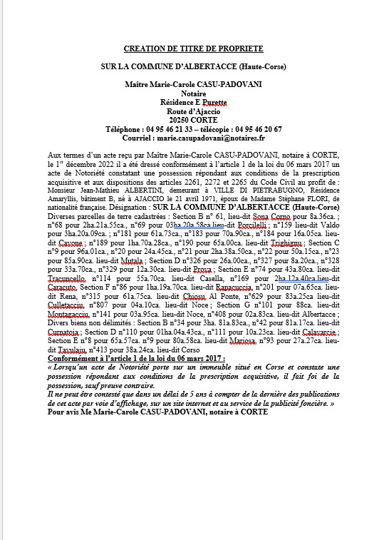 Avis de création de titre de propriété - Commune d'Albertacce (Haute-Corse) Avis de création de titre de propriété - Commune d'Albertacce (Haute-Corse)