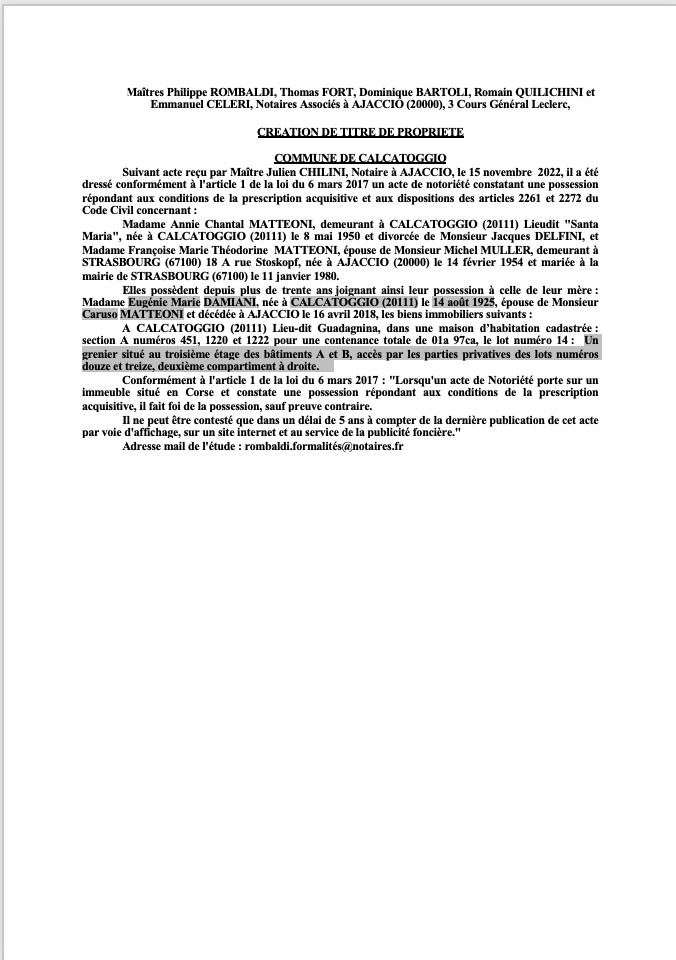 Avis de création de titre de propriété - Commune de Calcatoggio (Corse-du-Sud) Avis de création de titre de propriété - Commune de Calcatoggio (Corse-du-Sud)