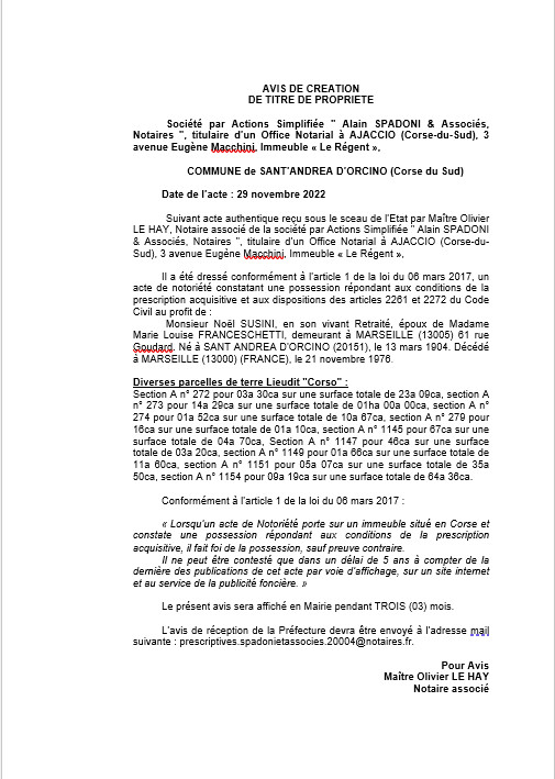 Avis de création de titre de propriété - Commune de Sant'Andrea d'Orcino (Corse-du-Sud) Avis de création de titre de propriété - Commune de Sant'Andrea d'Orcino (Corse-du-Sud)