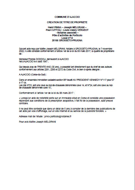 Avis de création de titre de propriété - Commune d'Ajaccio (Corse-du-Sud) Avis de création de titre de propriété - Commune d'Ajaccio (Corse-du-Sud)