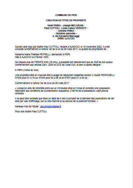 Avis de création de titre de propriété - Commune de Peri (Corse-du-Sud) Avis de création de titre de propriété - Commune de Peri (Corse-du-Sud)