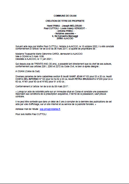 Avis de création de titre de propriété - Commune d'Osani (Corse-du-Sud) Avis de création de titre de propriété - Commune d'Osani (Corse-du-Sud)