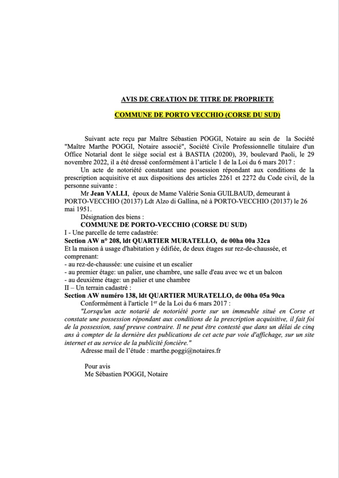 Avis de création de titre de propriété - Commune de Porto-Vecchio (Corse-du-Sud) Avis de création de titre de propriété - Commune de Porto-Vecchio (Corse-du-Sud)
