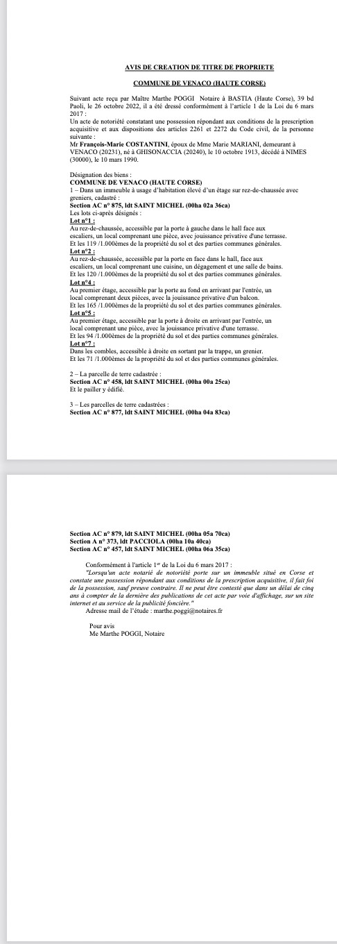 Avis de création de titre de propriété - Commune de Venaco (Haute-Corse) Avis de création de titre de propriété - Commune de Venaco (Haute-Corse)